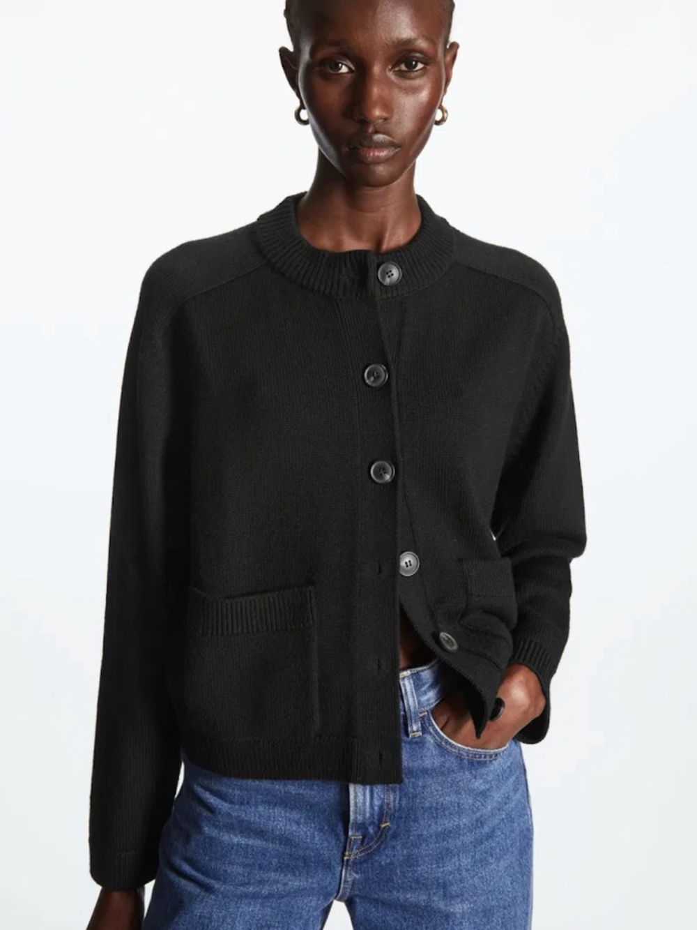 COS 100% Wool Cropped Cardigan Button Up Black Sweater Minimalist,Women's Small